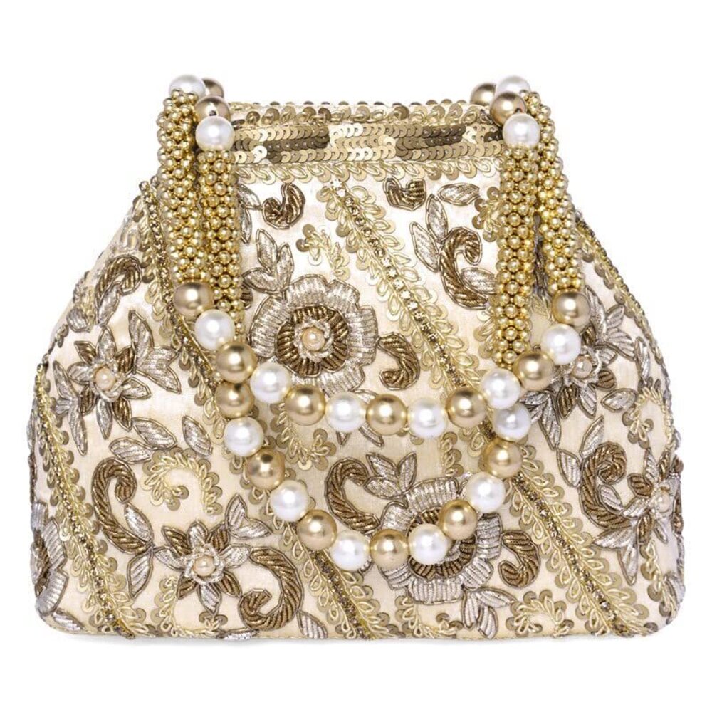 1541 Cream Potli Bag Gift Handmade Evening bags Stylish Bridal Wristlet